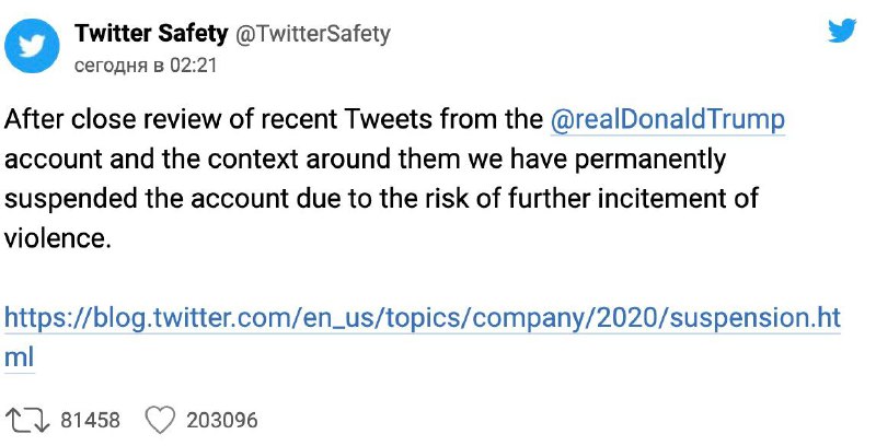 Из-за «риска потенциальных призывов к насилию» Twitter навсегда забанил Трампа. …