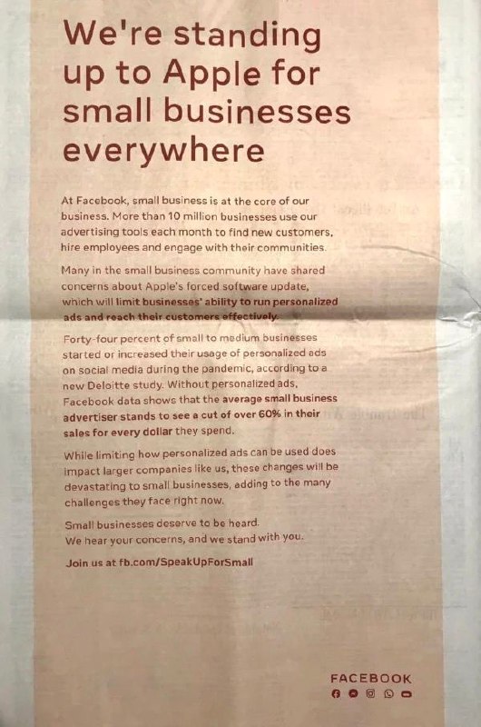 Facebook решил наехать в газетах на Apple за грядущий «рекламо-апокалипсис»: App…